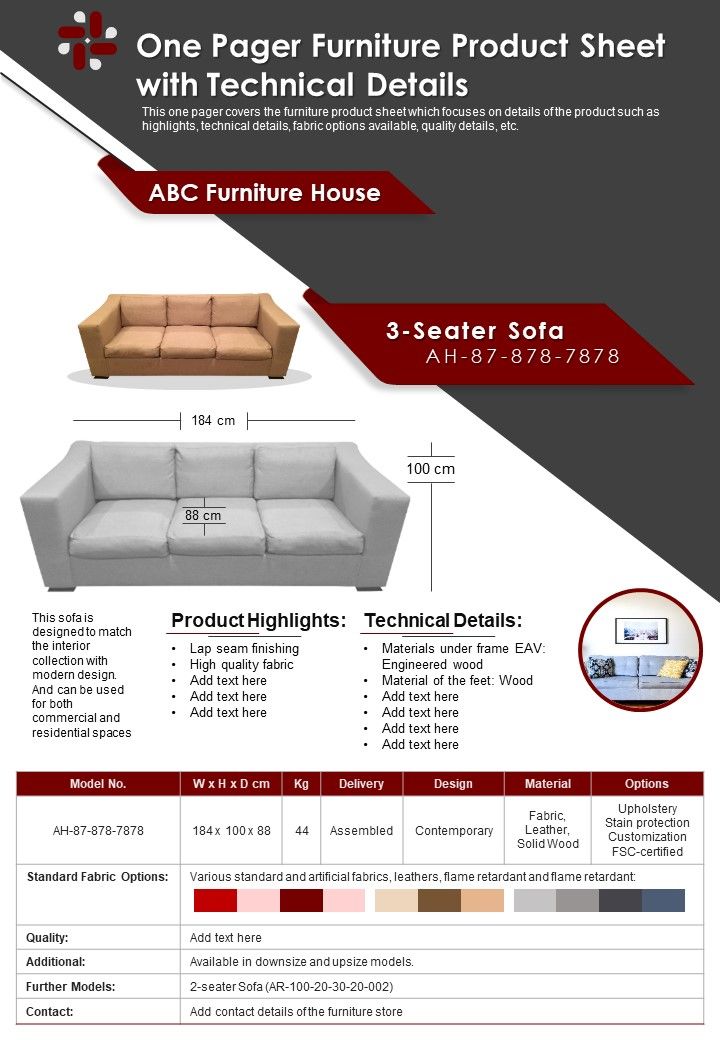 One Pager Furniture Product Sheet With Technical Details PDF Document PPT Template Slide01