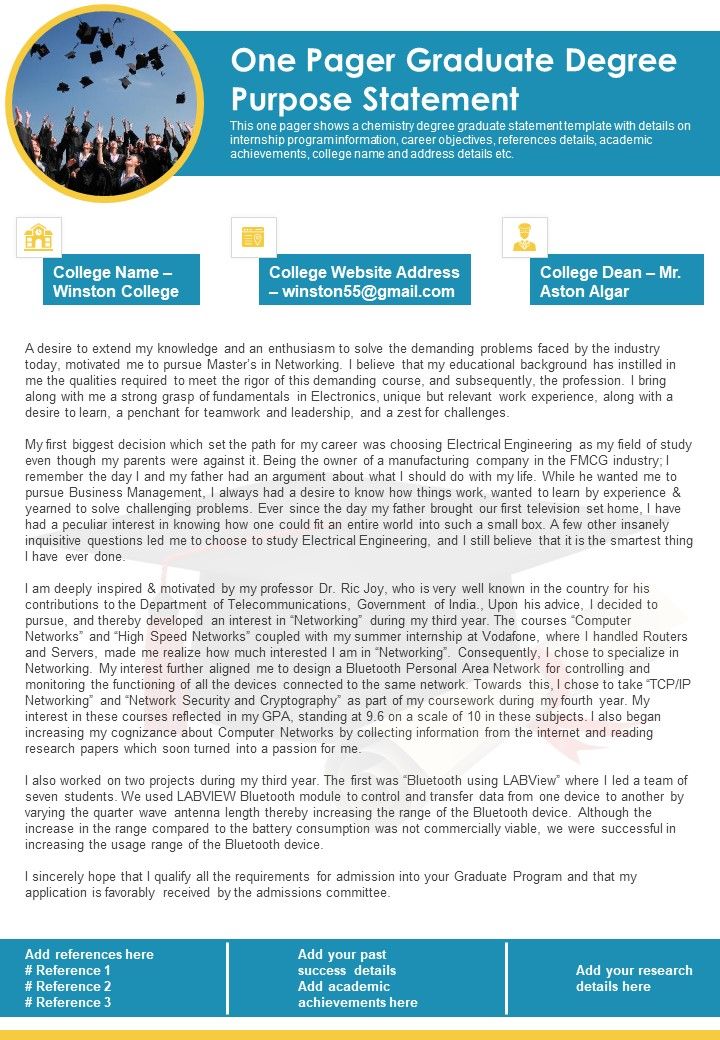 One Pager Graduate Degree Purpose Statement PDF Document PPT Template Slide01