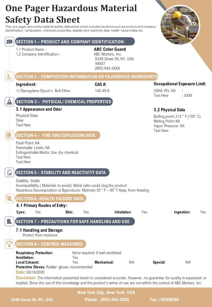 One Pager Hazardous Material Safety Data Sheet PDF Document PPT Template Slide01