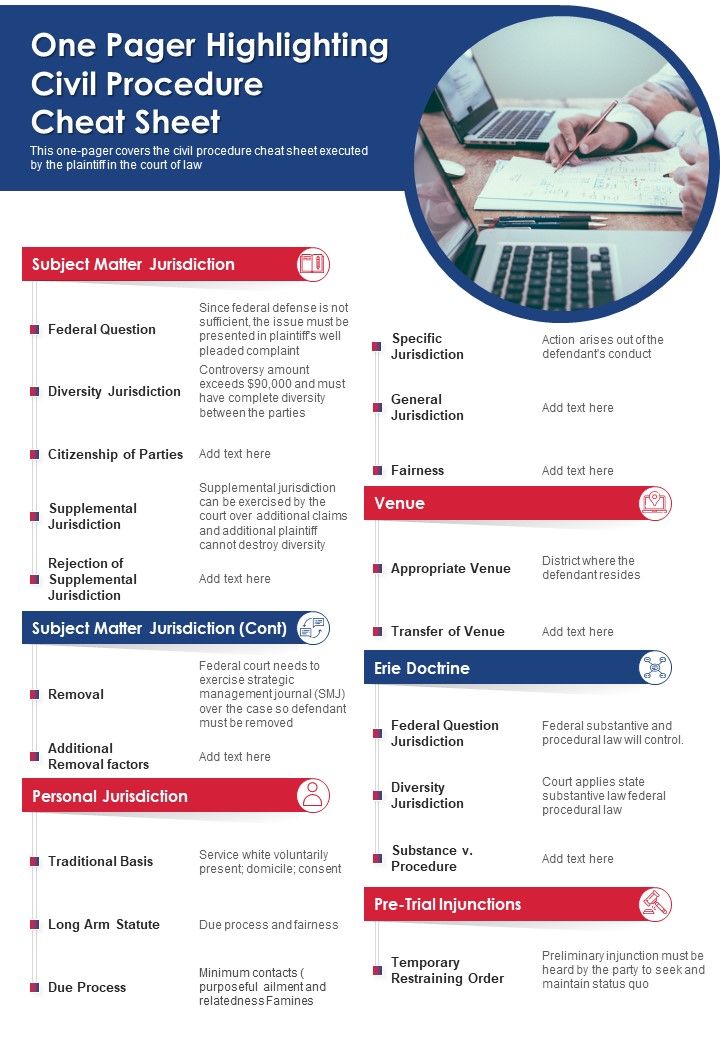 One Pager Highlighting Civil Procedure Cheat Sheet PDF Document PPT Template Slide01