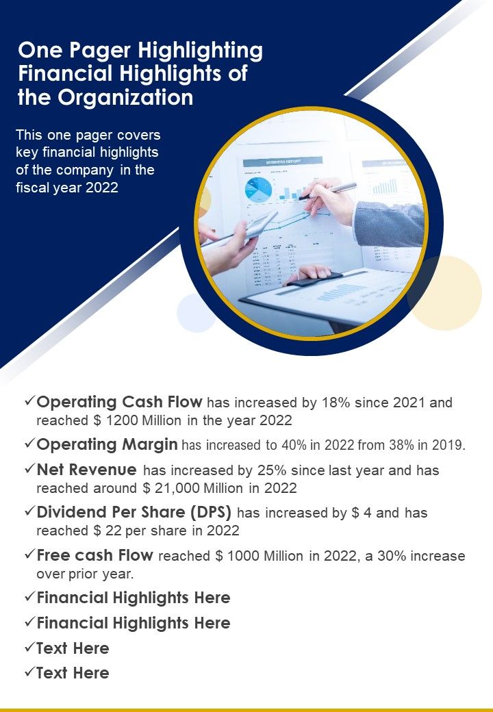 One Pager Highlighting Financial Highlights Of The Organization PDF Document PPT Template Slide01