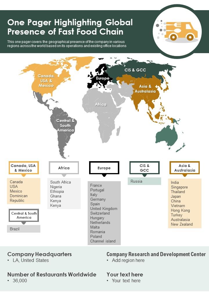 One Pager Highlighting Global Presence Of Fast Food Chain PDF Document PPT Template Slide01
