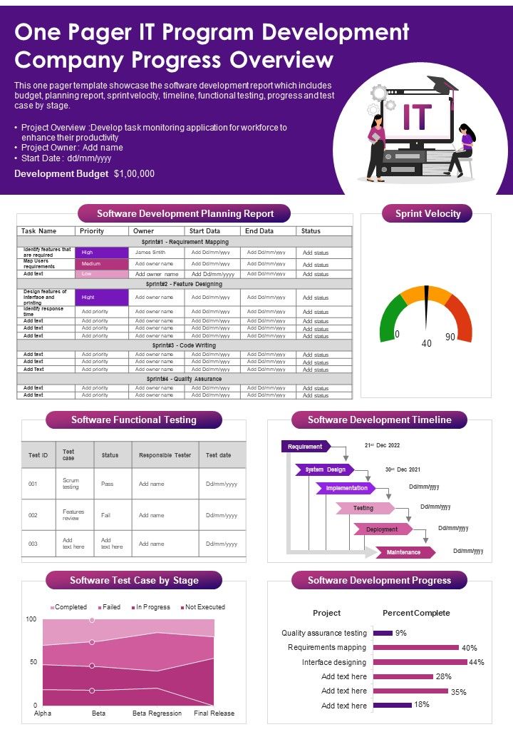 One Pager IT Program Development Company Progress Overview PDF Document PPT Template Slide01
