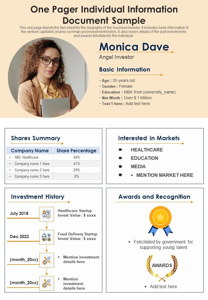 One Pager Individual Information Document Sample PDF Document PPT Template Slide01