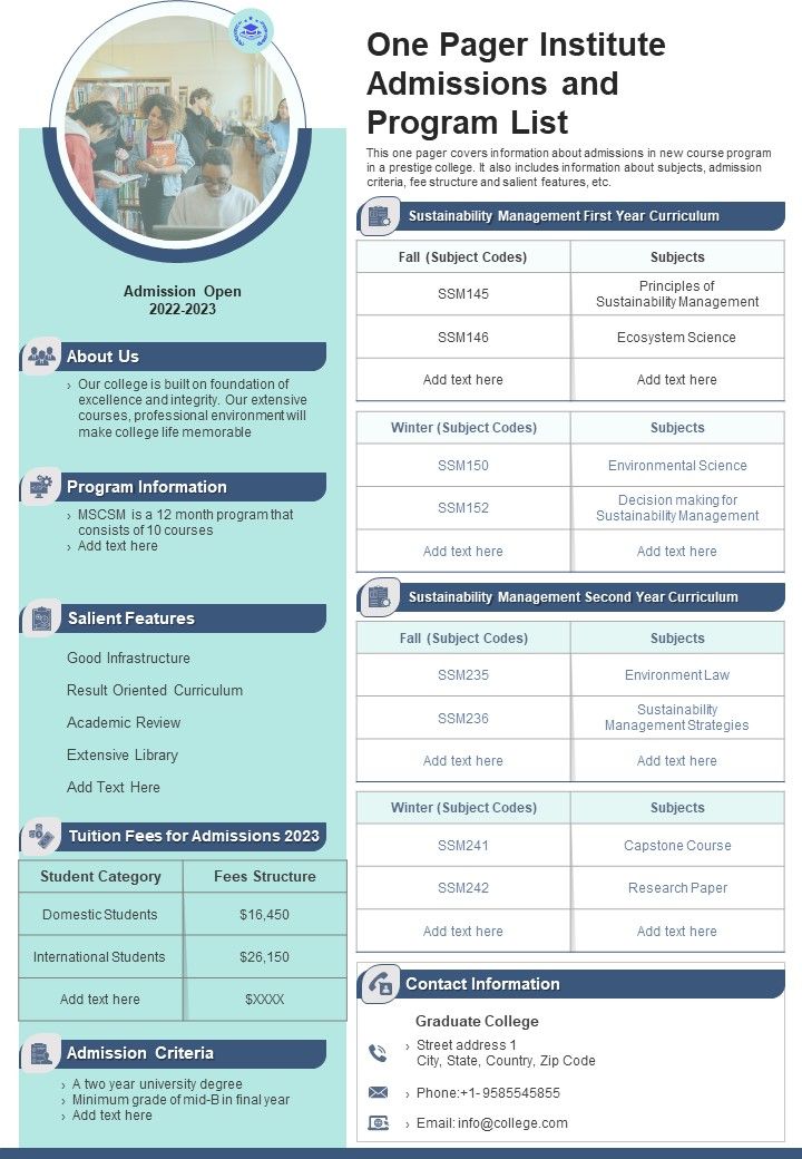 One Pager Institute Admissions And Program List PDF Document PPT Template Slide01