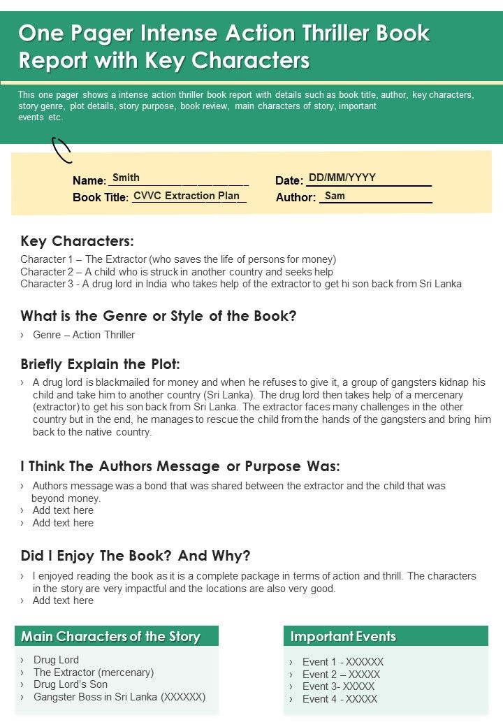One Pager Intense Action Thriller Book Report With Key Characters PDF Document PPT Template Slide01