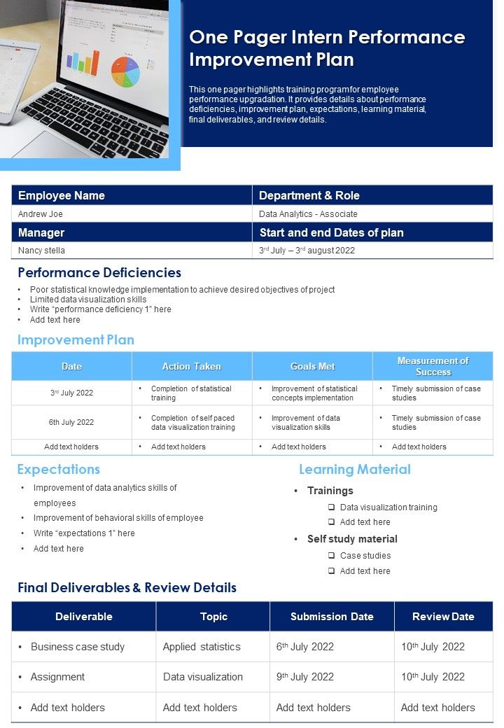 One Pager Intern Performance Improvement Plan PDF Document PPT Template Slide01