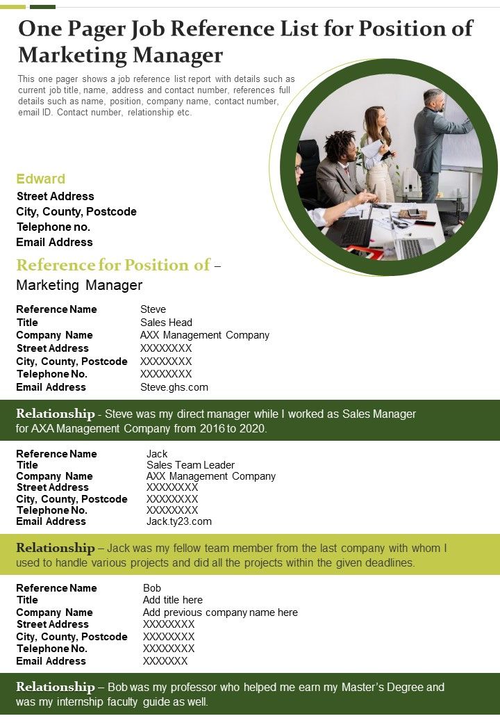 One Pager Job Reference List For Position Of Marketing Manager PDF Document PPT Template Slide01
