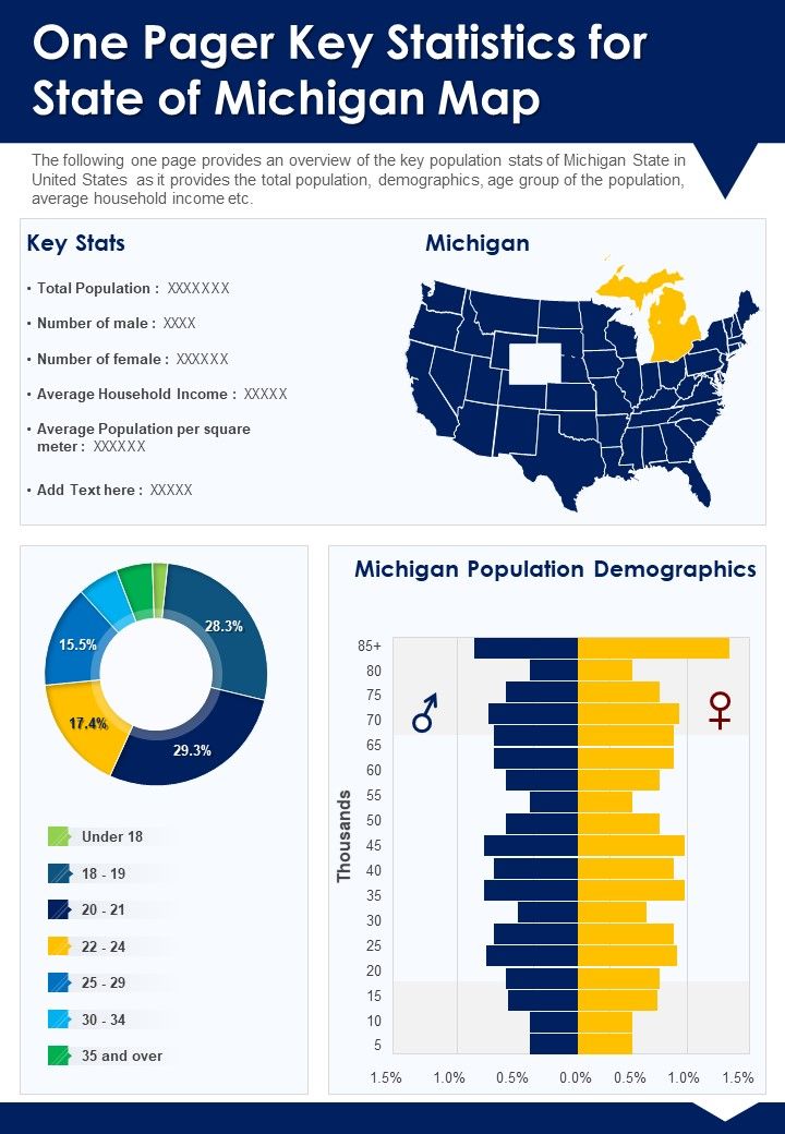 One Pager Key Statistics For State Of Michigan Map PDF Document PPT Template Slide01