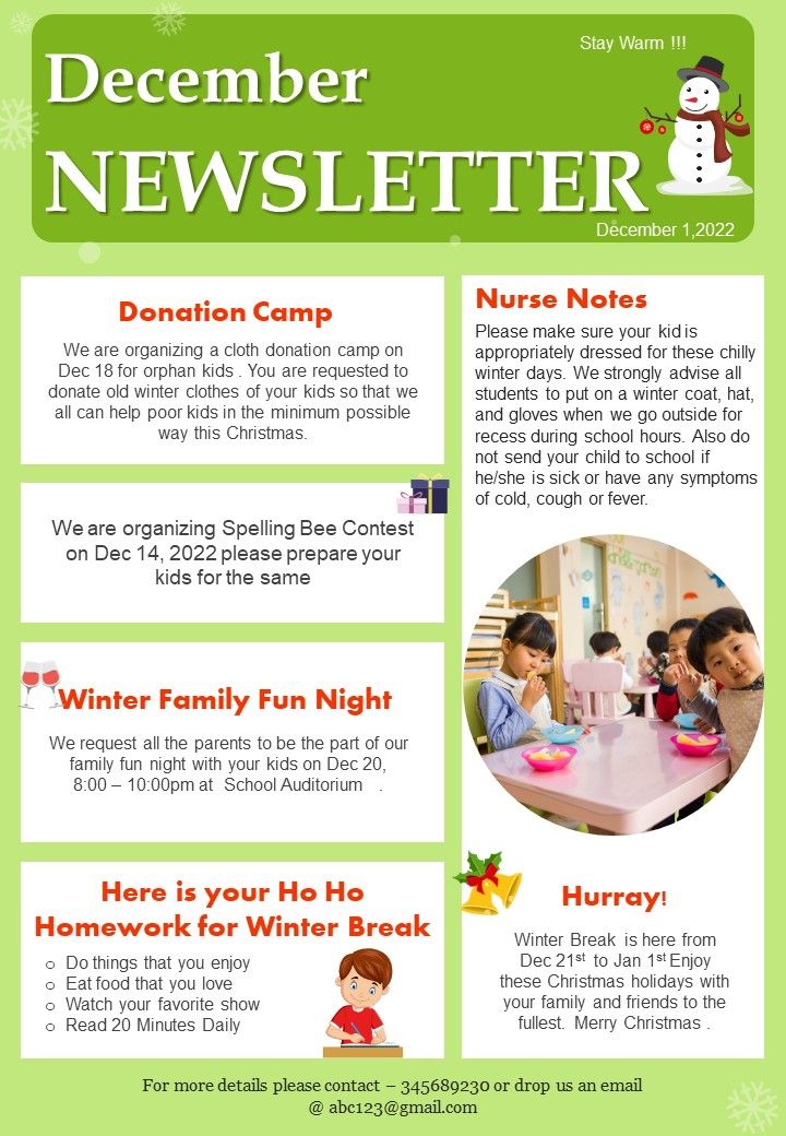 One Pager Kindergarten Winter Holidays Newsletter PDF Document PPT Template Slide01