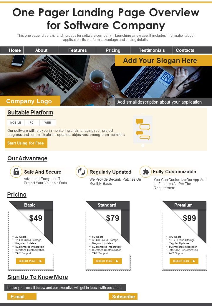 One Pager Landing Page Overview For Software Company PDF Document PPT Template Slide01