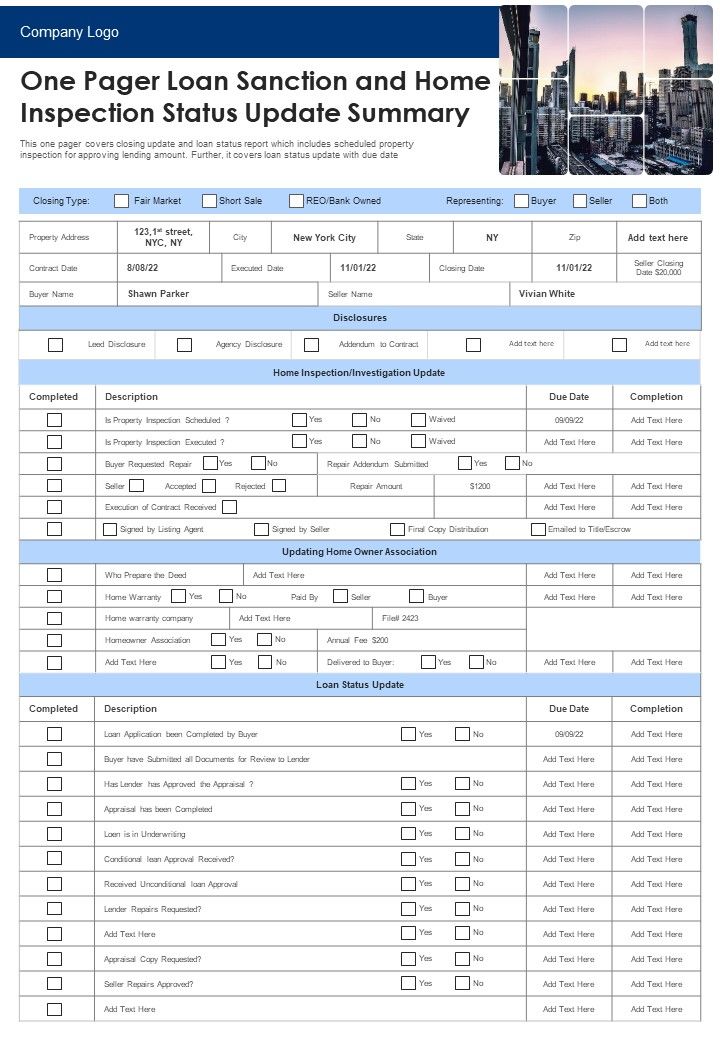 One Pager Loan Sanction And Home Inspection Status Update Summary PDF Document PPT Template Slide01
