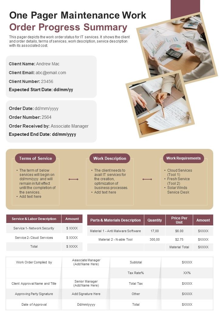 One Pager Maintenance Work Order Progress Summary PDF Document PPT Template Slide01