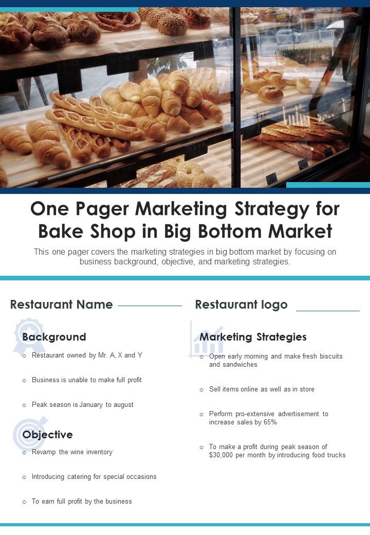 One Pager Marketing Strategy For Bake Shop In Big Bottom Market PDF Document PPT Template Slide01