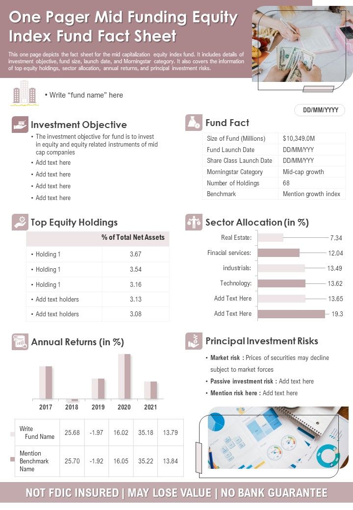 One Pager Mid Funding Equity Index Fund Fact Sheet PDF Document PPT Template Slide01