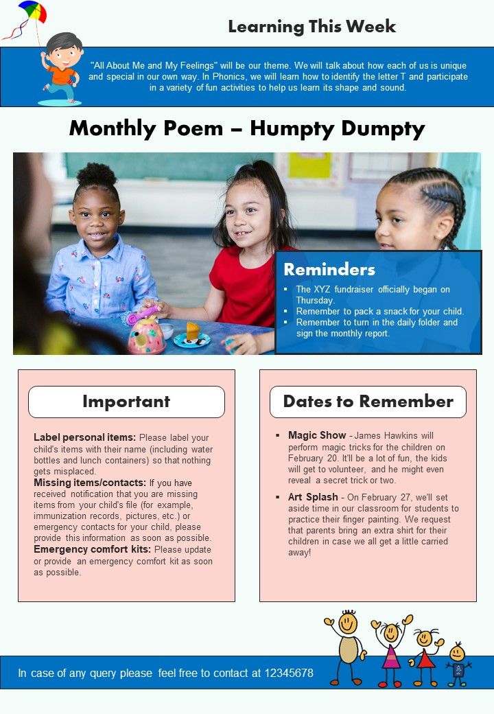 One Pager Monthly Newsletter For Children Daycare Center PDF Document PPT Template