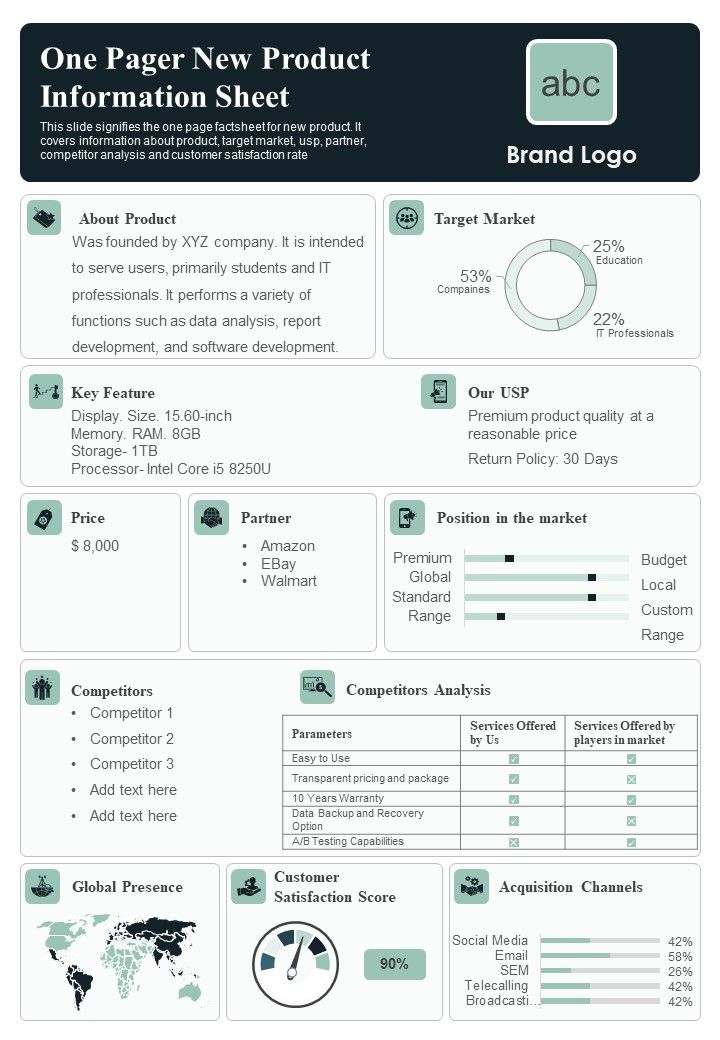 One Pager New Product Information Sheet PDF Document PPT Template Slide01