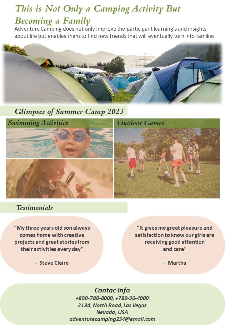 One Pager Newsletter For Adventure Camp PDF Document PPT Template