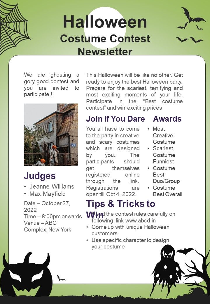 One Pager Newsletter For Best Halloween Attire Competition PDF Document PPT Template Slide01