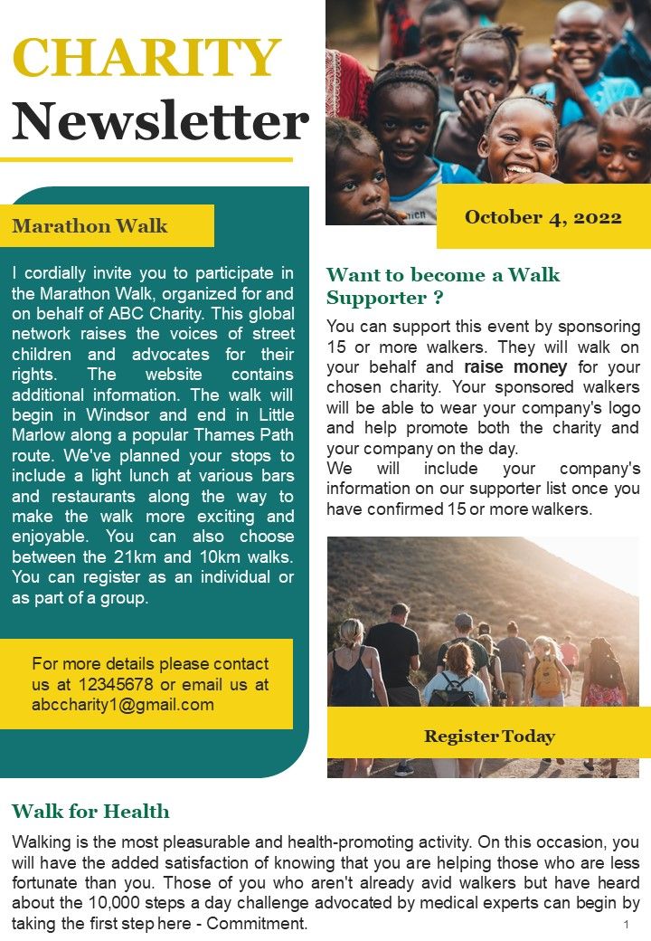 One Pager Newsletter For Charity Marathon PDF Document PPT Template Slide01