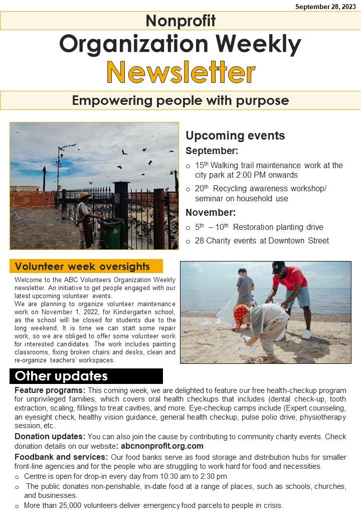 One Pager Non Profit Organization Weekly Newsletter PDF Document PPT Template Slide01