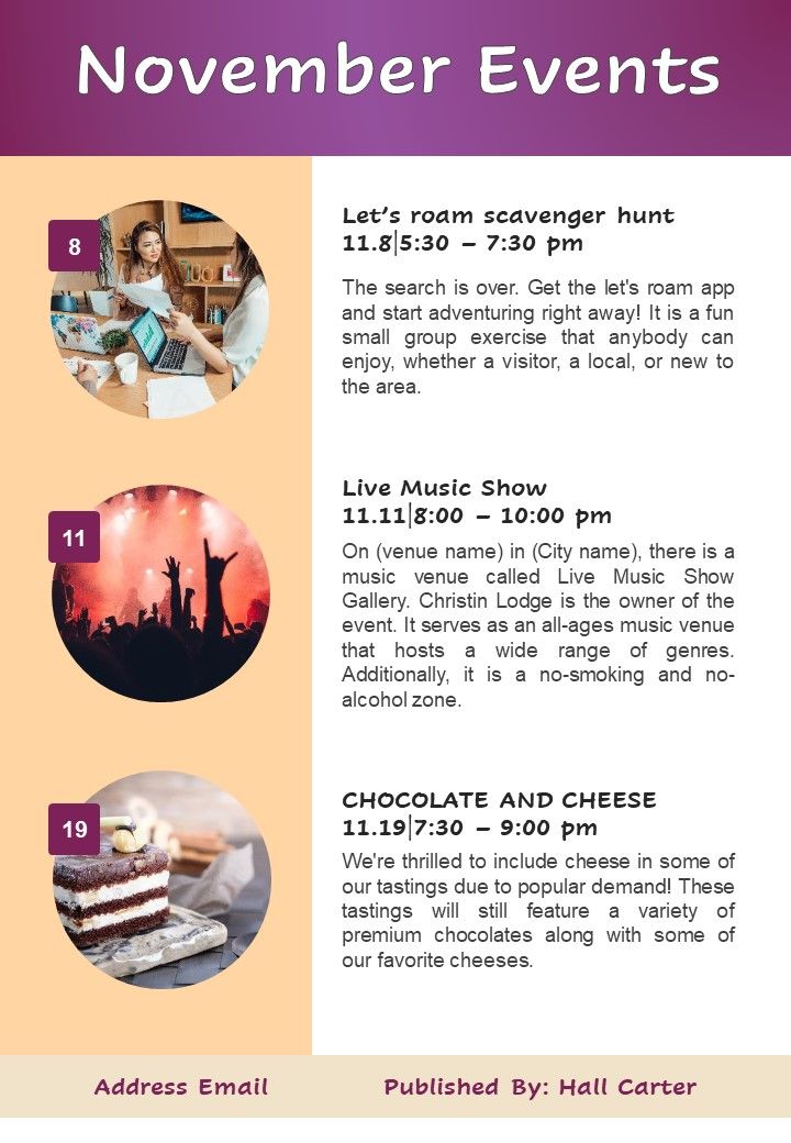 One Pager November Month Newsletter For Community Events Highlights PDF Document PPT Template