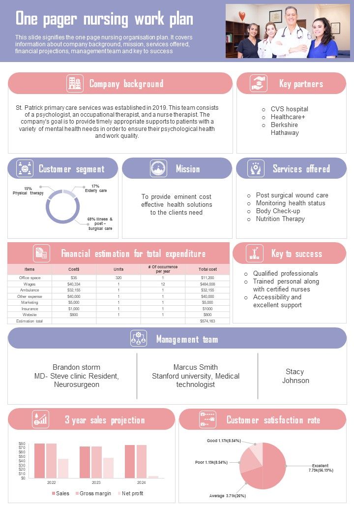 One Pager Nursing Work Plan PDF Document PPT Template Slide01