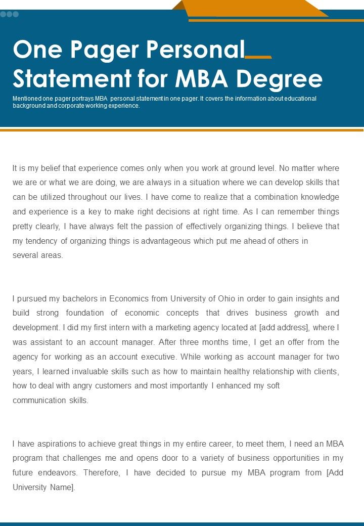 One Pager Personal Statement For MBA Degree PDF Document PPT Template Slide01