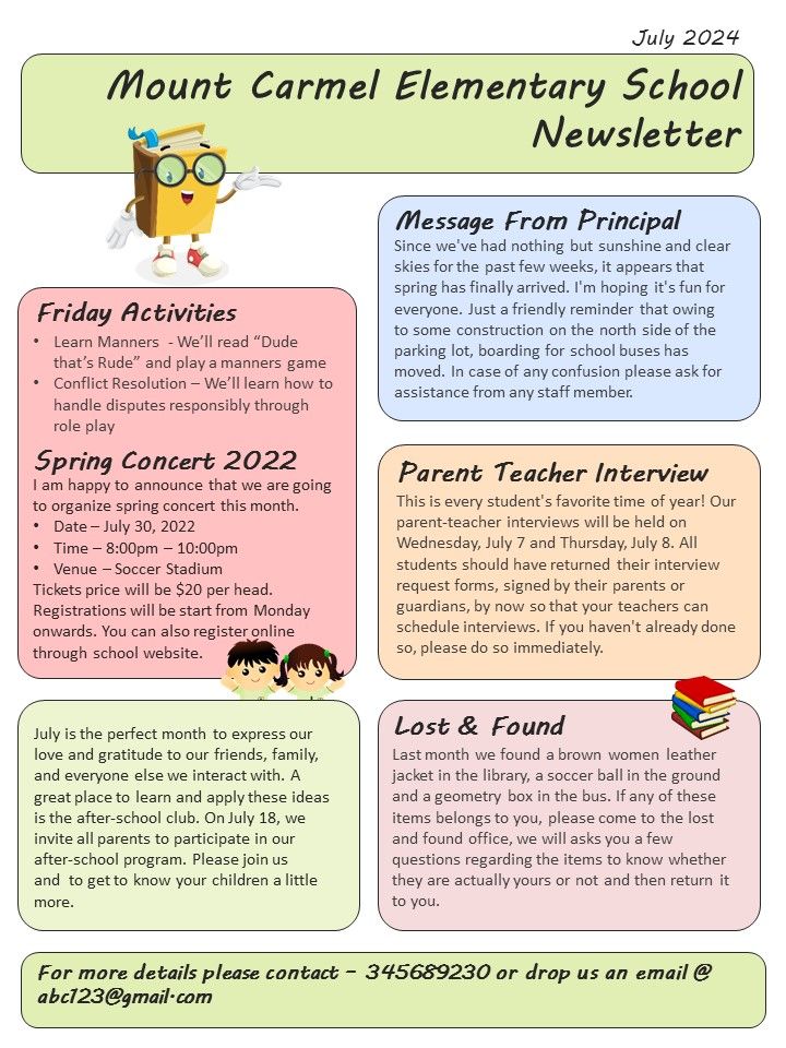 One Pager Primary School Weekly Activities Newsletter PDF Document PPT Template Slide01