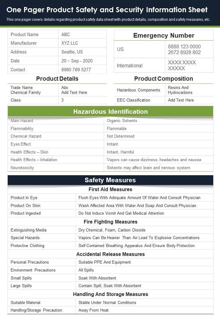 One Pager Product Safety And Security Information Sheet PDF Document PPT Template Slide01