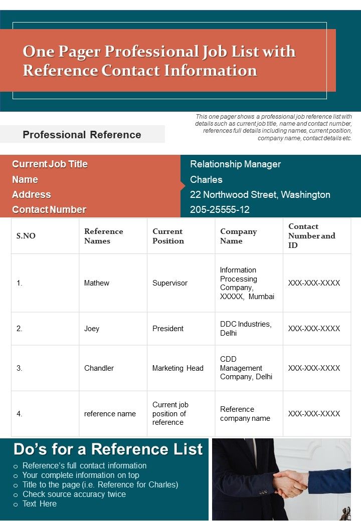 One Pager Professional Job List With Reference Contact Information PDF Document PPT Template Slide01