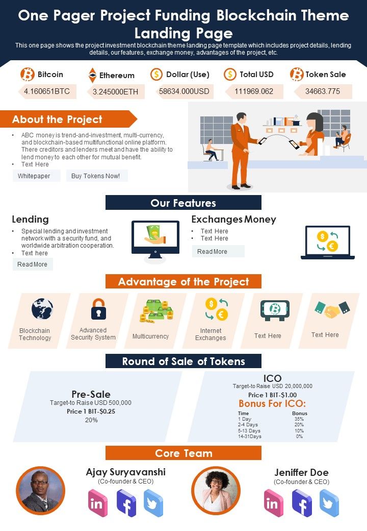 One Pager Project Funding Blockchain Theme Landing Page PDF Document PPT Template Slide01