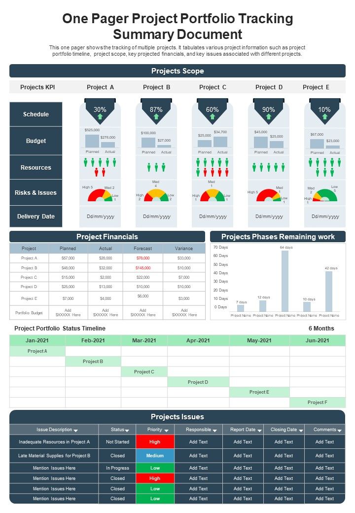One Pager Project Portfolio Tracking Summary Document PDF Document PPT Template Slide01
