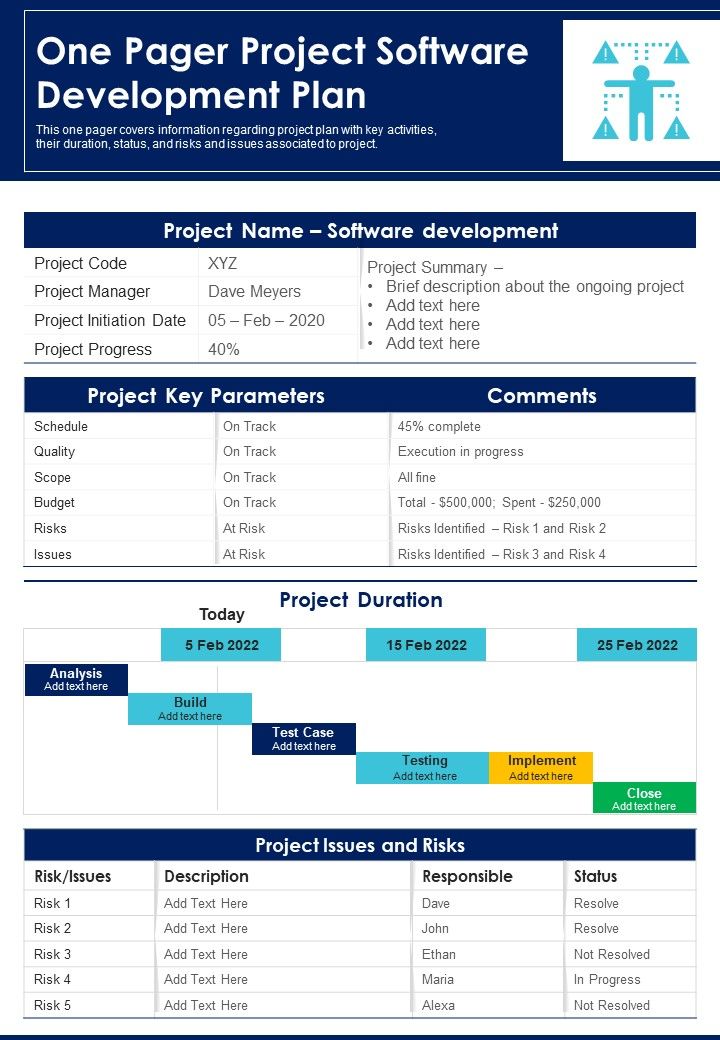 One Pager Project Software Development Plan PDF Document PPT Template Slide01