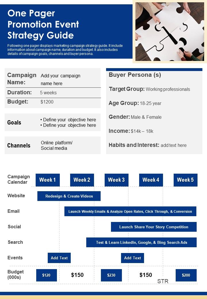 One Pager Promotion Event Strategy Guide PDF Document PPT Template Slide01