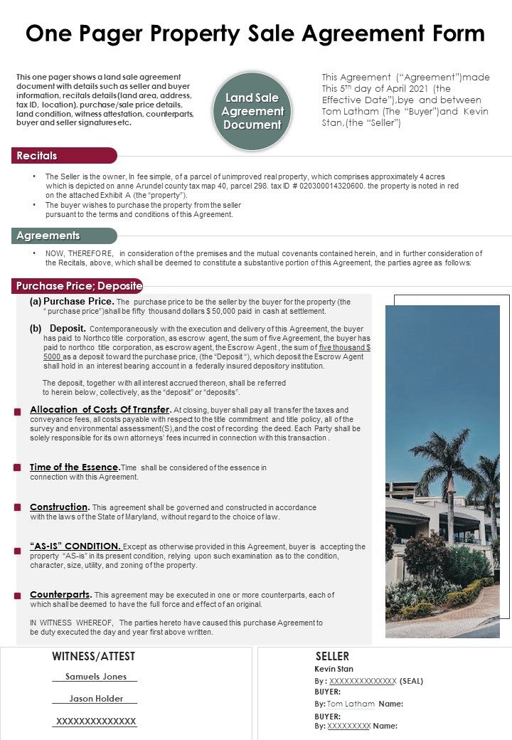 One Pager Property Sale Agreement Form PDF Document PPT Template Slide01