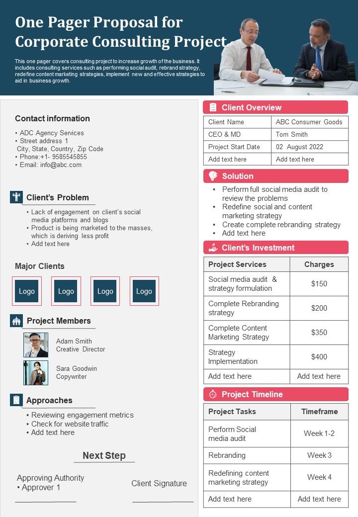 One Pager Proposal For Corporate Consulting Project PDF Document PPT Template Slide01