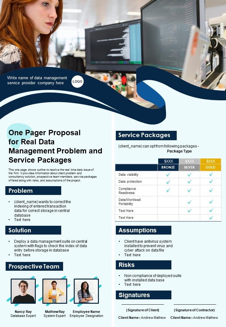 One Pager Proposal For Real Data Management Problem And Service Pakages PDF Document PPT Template Slide01