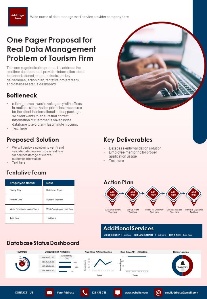 One Pager Proposal For Real Data Management Problem Of Tourism Firm PDF Document PPT Template Slide01