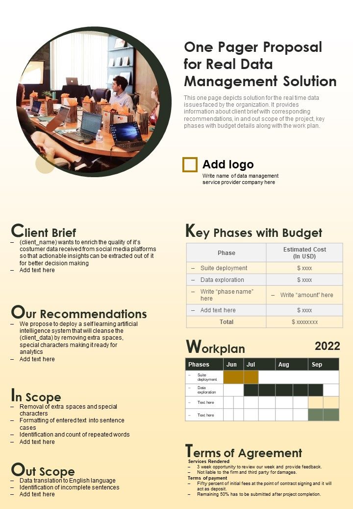 One Pager Proposal For Real Data Management Solution PDF Document PPT Template Slide01