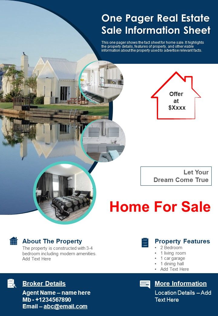 One Pager Real Estate Sale Information Sheet PDF Document PPT Template Slide01