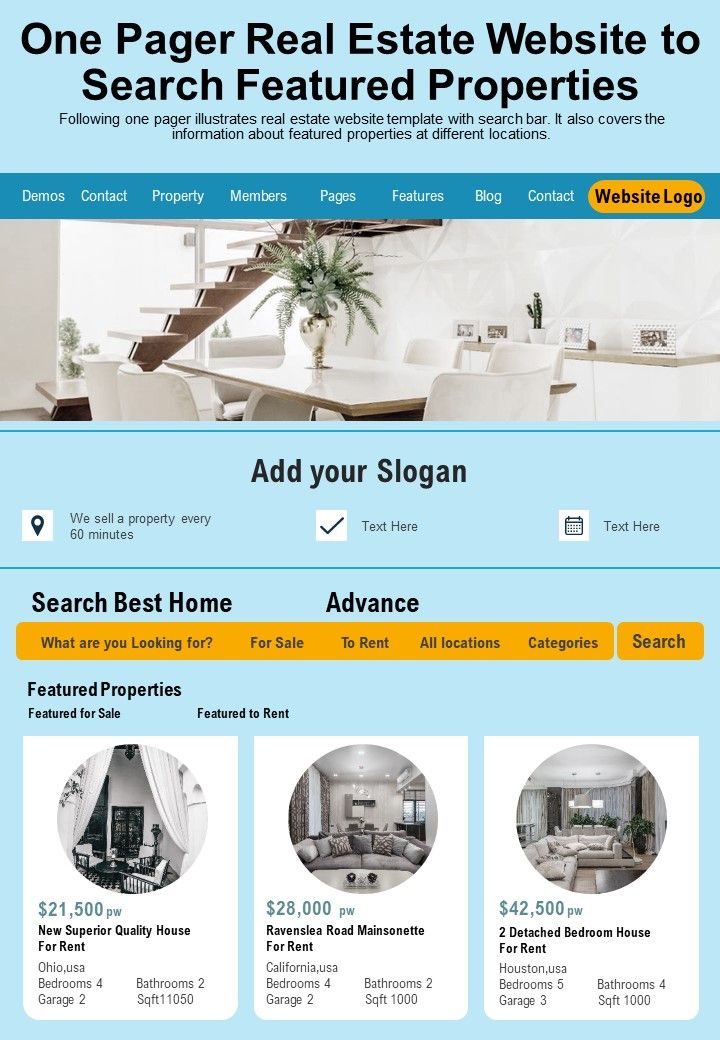 One Pager Real Estate Website To Search Featured Properties PDF Document PPT Template Slide01