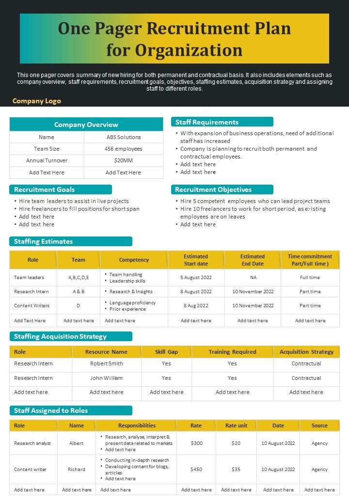 One Pager Recruitment Plan For Organization PDF Document PPT Template Slide01