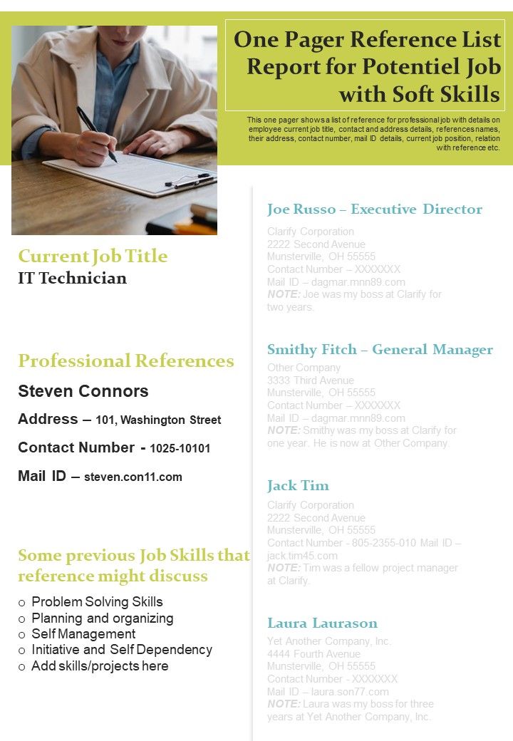 One Pager Reference List Report For Potentiel Job With Soft Skills PDF Document PPT Template Slide01
