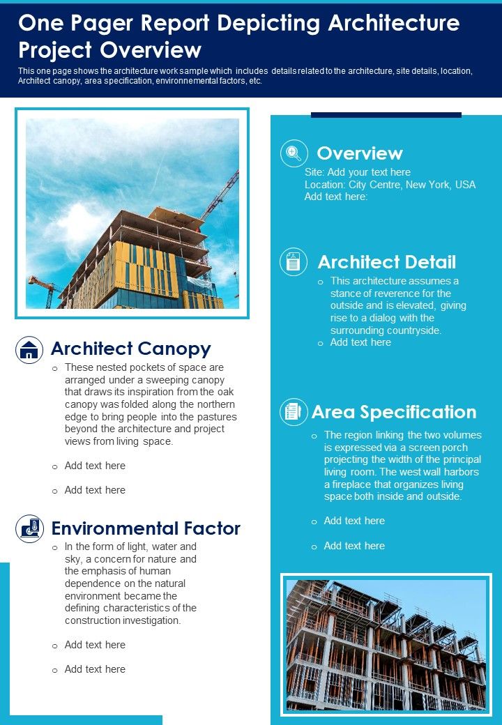 One Pager Report Depicting Architecture Project Overview PDF Document PPT Template Slide01