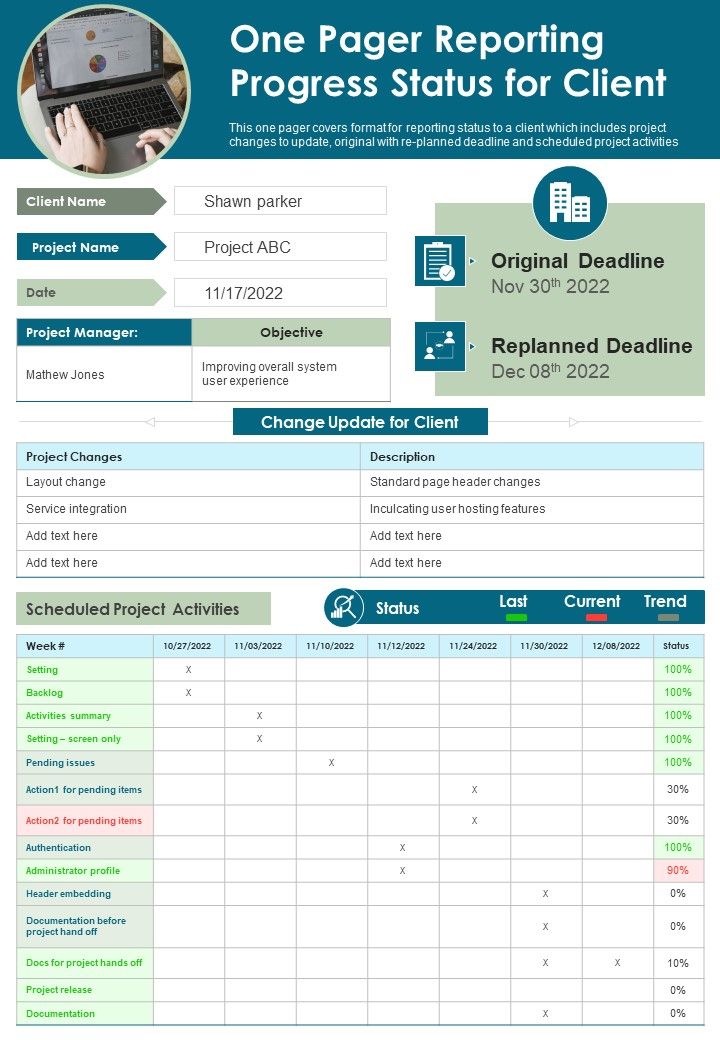 One Pager Reporting Progress Status For Client PDF Document PPT Template Slide01