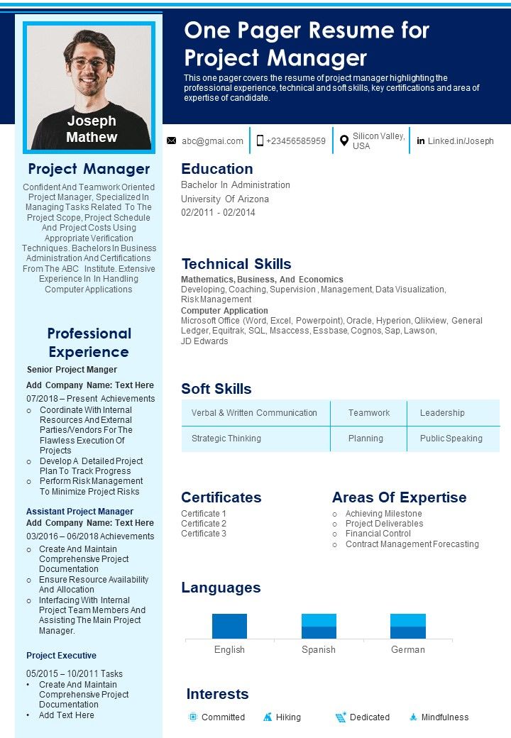 One Pager Resume For Project Manager PDF Document PPT Template Slide01