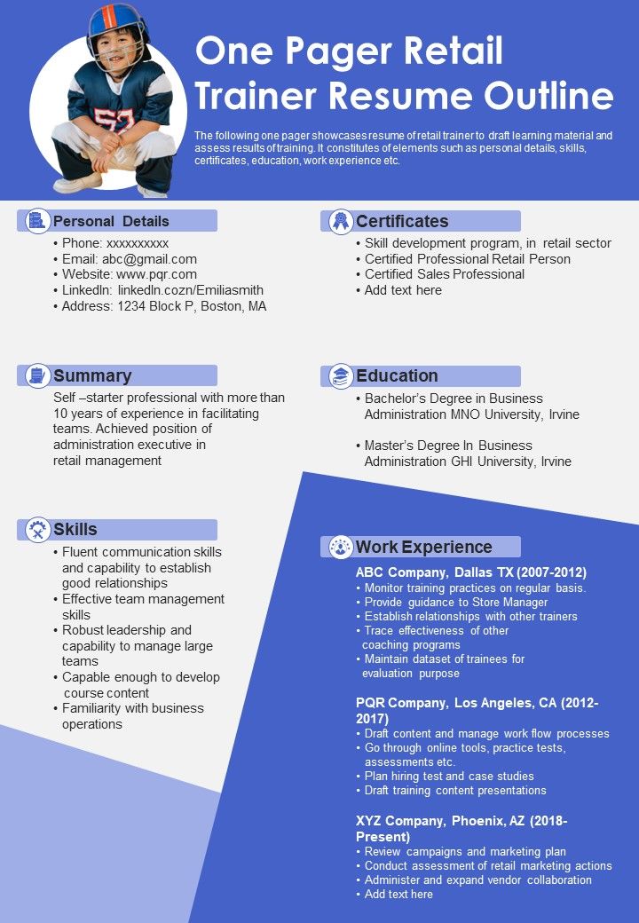 One Pager Retail Trainer Resume Outline PDF Document PPT Template Slide01