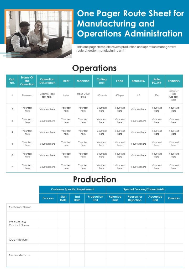 One Pager Route Sheet For Manufacturing And Operations Administration PDF Document PPT Template Slide01
