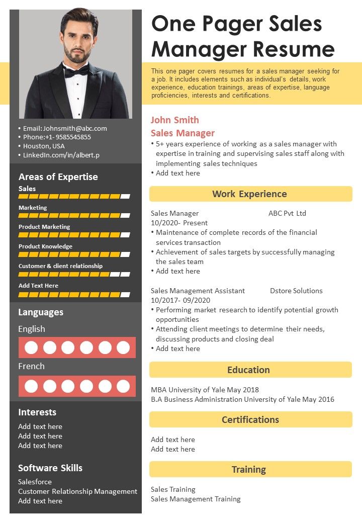 One Pager Sales Manager Resume PDF Document PPT Template Slide01